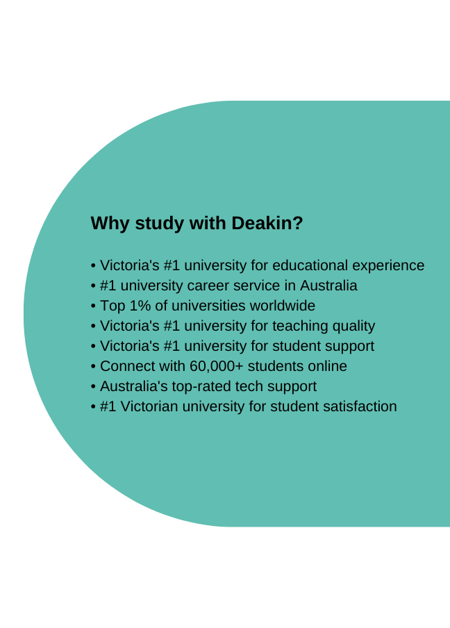 Why study with Deakin • Victorias #1 university for educational experience • #1 university career service in Australia • Top 1% of universities worldwide • Victorias #1 university for teaching quality • Victorias 